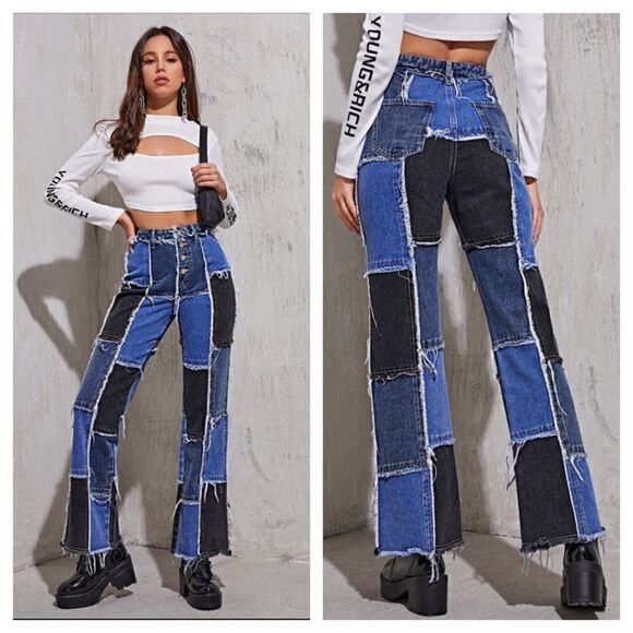 Shein Patchwork Distressed Black & Blue Denim High Waist Button Fly Flare Jeans - Picture 1 of 16
